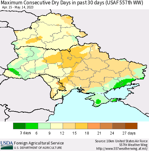 Ukraine, Moldova and Belarus Maximum Consecutive Dry Days in past 30 days (USAF 557th WW) 05/14/2023 Thematic Map For 5/8/2023 - 5/14/2023