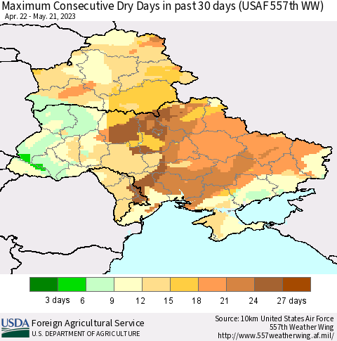Ukraine, Moldova and Belarus Maximum Consecutive Dry Days in past 30 days (USAF 557th WW) 05/21/2023 Thematic Map For 5/15/2023 - 5/21/2023
