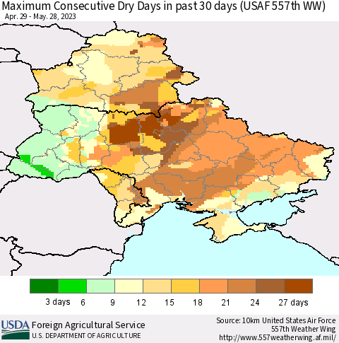 Ukraine, Moldova and Belarus Maximum Consecutive Dry Days in past 30 days (USAF 557th WW) 05/28/2023 Thematic Map For 5/22/2023 - 5/28/2023