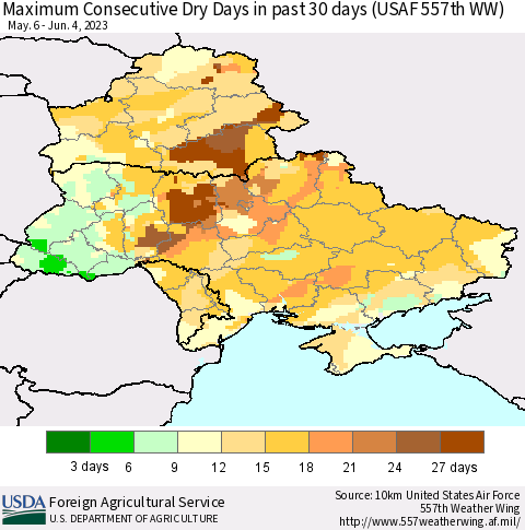 Ukraine, Moldova and Belarus Maximum Consecutive Dry Days in past 30 days (USAF 557th WW) 06/04/2023 Thematic Map For 5/29/2023 - 6/4/2023