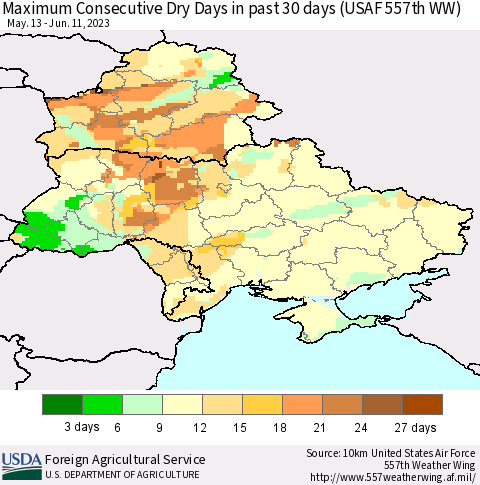 Ukraine, Moldova and Belarus Maximum Consecutive Dry Days in past 30 days (USAF 557th WW) 06/11/2023 Thematic Map For 6/5/2023 - 6/11/2023