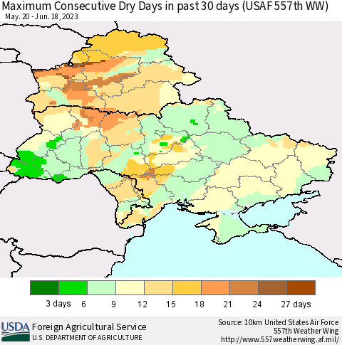 Ukraine, Moldova and Belarus Maximum Consecutive Dry Days in past 30 days (USAF 557th WW) 06/18/2023 Thematic Map For 6/12/2023 - 6/18/2023