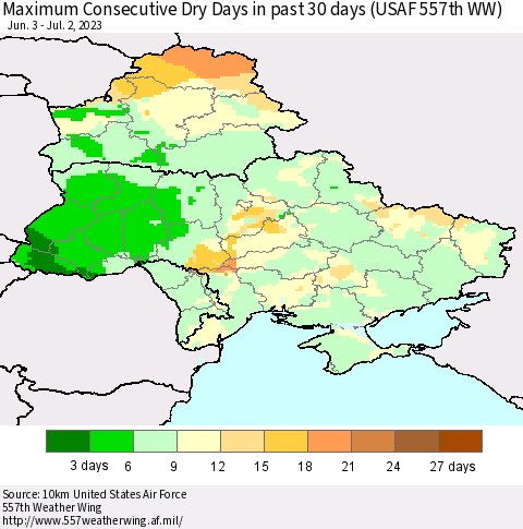 Ukraine, Moldova and Belarus Maximum Consecutive Dry Days in past 30 days (USAF 557th WW) 07/02/2023 Thematic Map For 6/26/2023 - 7/2/2023