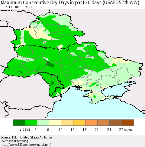 Ukraine, Moldova and Belarus Maximum Consecutive Dry Days in past 30 days (USAF 557th WW) 07/16/2023 Thematic Map For 7/10/2023 - 7/16/2023