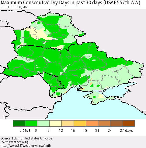 Ukraine, Moldova and Belarus Maximum Consecutive Dry Days in past 30 days (USAF 557th WW) 07/30/2023 Thematic Map For 7/24/2023 - 7/30/2023