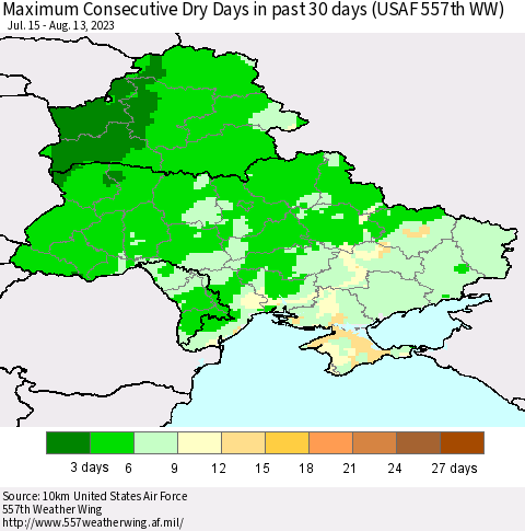 Ukraine, Moldova and Belarus Maximum Consecutive Dry Days in past 30 days (USAF 557th WW) 08/13/2023 Thematic Map For 8/7/2023 - 8/13/2023