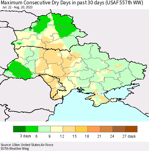 Ukraine, Moldova and Belarus Maximum Consecutive Dry Days in past 30 days (USAF 557th WW) 08/20/2023 Thematic Map For 8/14/2023 - 8/20/2023