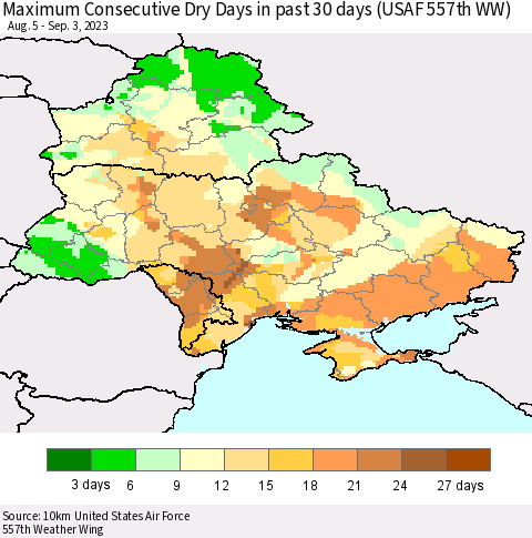 Ukraine, Moldova and Belarus Maximum Consecutive Dry Days in past 30 days (USAF 557th WW) 09/03/2023 Thematic Map For 8/28/2023 - 9/3/2023