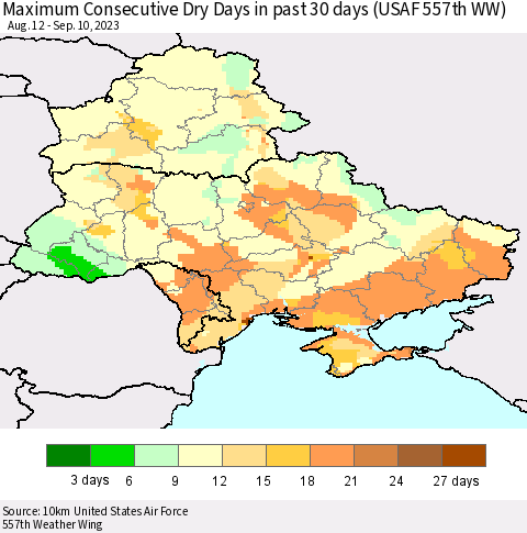 Ukraine, Moldova and Belarus Maximum Consecutive Dry Days in past 30 days (USAF 557th WW) 09/10/2023 Thematic Map For 9/4/2023 - 9/10/2023