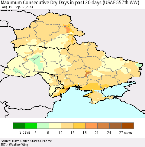 Ukraine, Moldova and Belarus Maximum Consecutive Dry Days in past 30 days (USAF 557th WW) 09/17/2023 Thematic Map For 9/11/2023 - 9/17/2023
