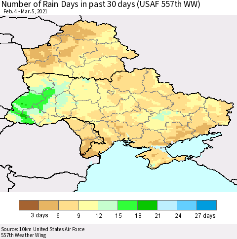 Ukraine, Moldova and Belarus Number of Rain Days in past 30 days (USAF 557th WW) 03/05/2021 Thematic Map For 3/1/2021 - 3/5/2021