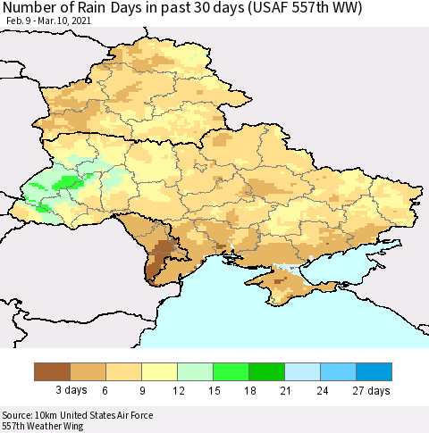 Ukraine, Moldova and Belarus Number of Rain Days in past 30 days (USAF 557th WW) 03/10/2021 Thematic Map For 3/6/2021 - 3/10/2021