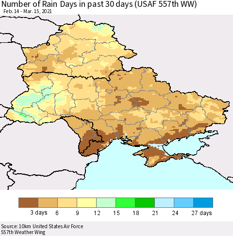 Ukraine, Moldova and Belarus Number of Rain Days in past 30 days (USAF 557th WW) 03/15/2021 Thematic Map For 3/11/2021 - 3/15/2021