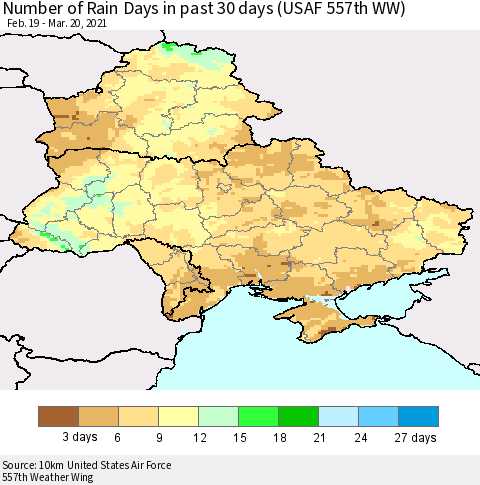 Ukraine, Moldova and Belarus Number of Rain Days in past 30 days (USAF 557th WW) 03/20/2021 Thematic Map For 3/16/2021 - 3/20/2021