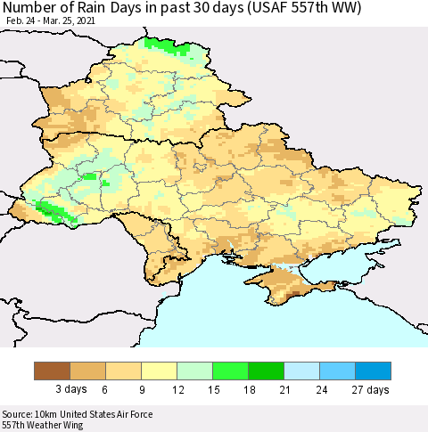 Ukraine, Moldova and Belarus Number of Rain Days in past 30 days (USAF 557th WW) 03/25/2021 Thematic Map For 3/21/2021 - 3/25/2021