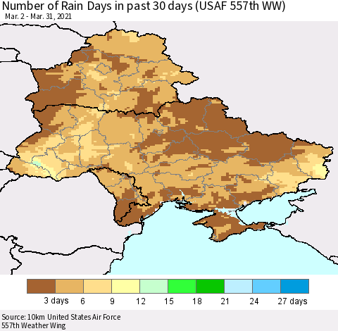 Ukraine, Moldova and Belarus Number of Rain Days in past 30 days (USAF 557th WW) 03/31/2021 Thematic Map For 3/26/2021 - 3/31/2021