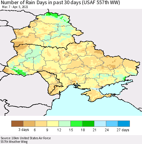 Ukraine, Moldova and Belarus Number of Rain Days in past 30 days (USAF 557th WW) 04/05/2021 Thematic Map For 4/1/2021 - 4/5/2021