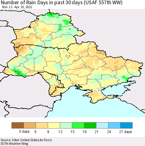 Ukraine, Moldova and Belarus Number of Rain Days in past 30 days (USAF 557th WW) 04/10/2021 Thematic Map For 4/6/2021 - 4/10/2021