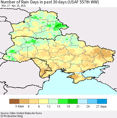 Ukraine, Moldova and Belarus Number of Rain Days in past 30 days (USAF 557th WW) 04/25/2021 Thematic Map For 4/21/2021 - 4/25/2021