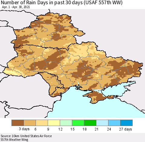 Ukraine, Moldova and Belarus Number of Rain Days in past 30 days (USAF 557th WW) 04/30/2021 Thematic Map For 4/26/2021 - 4/30/2021