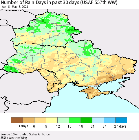 Ukraine, Moldova and Belarus Number of Rain Days in past 30 days (USAF 557th WW) 05/05/2021 Thematic Map For 5/1/2021 - 5/5/2021