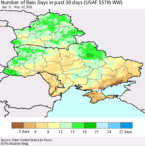 Ukraine, Moldova and Belarus Number of Rain Days in past 30 days (USAF 557th WW) 05/10/2021 Thematic Map For 5/6/2021 - 5/10/2021
