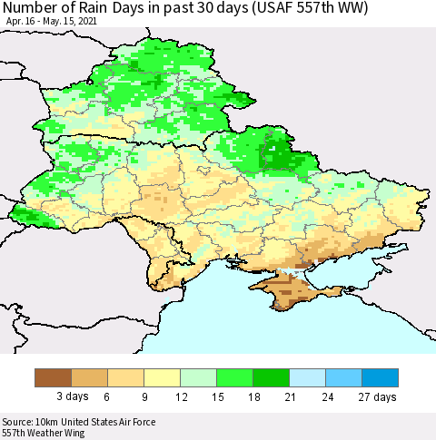 Ukraine, Moldova and Belarus Number of Rain Days in past 30 days (USAF 557th WW) 05/15/2021 Thematic Map For 5/11/2021 - 5/15/2021