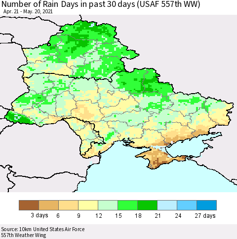 Ukraine, Moldova and Belarus Number of Rain Days in past 30 days (USAF 557th WW) 05/20/2021 Thematic Map For 5/16/2021 - 5/20/2021