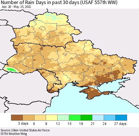 Ukraine, Moldova and Belarus Number of Rain Days in past 30 days (USAF 557th WW) 05/25/2021 Thematic Map For 5/21/2021 - 5/25/2021