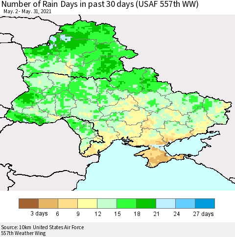 Ukraine, Moldova and Belarus Number of Rain Days in past 30 days (USAF 557th WW) 05/31/2021 Thematic Map For 5/26/2021 - 5/31/2021