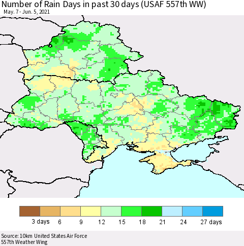 Ukraine, Moldova and Belarus Number of Rain Days in past 30 days (USAF 557th WW) 06/05/2021 Thematic Map For 6/1/2021 - 6/5/2021