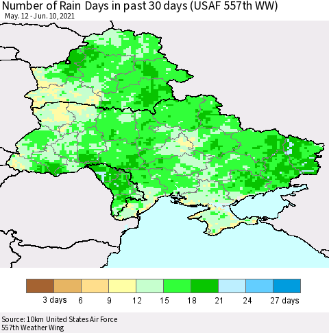 Ukraine, Moldova and Belarus Number of Rain Days in past 30 days (USAF 557th WW) 06/10/2021 Thematic Map For 6/6/2021 - 6/10/2021