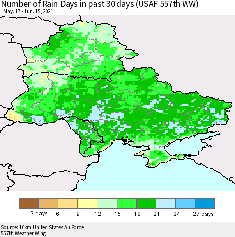 Ukraine, Moldova and Belarus Number of Rain Days in past 30 days (USAF 557th WW) 06/15/2021 Thematic Map For 6/11/2021 - 6/15/2021
