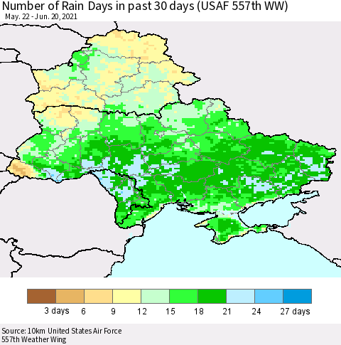 Ukraine, Moldova and Belarus Number of Rain Days in past 30 days (USAF 557th WW) 06/20/2021 Thematic Map For 6/16/2021 - 6/20/2021