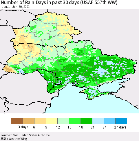 Ukraine, Moldova and Belarus Number of Rain Days in past 30 days (USAF 557th WW) 06/30/2021 Thematic Map For 6/26/2021 - 6/30/2021
