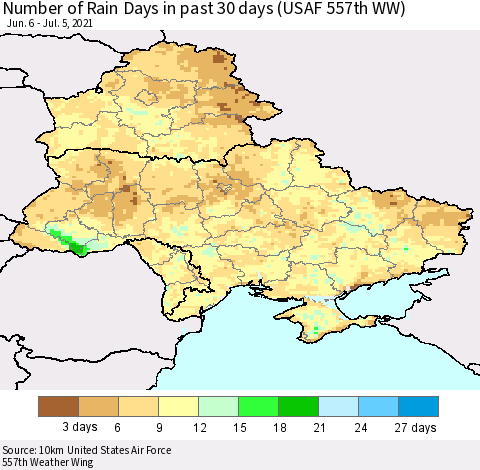 Ukraine, Moldova and Belarus Number of Rain Days in past 30 days (USAF 557th WW) 07/05/2021 Thematic Map For 7/1/2021 - 7/5/2021