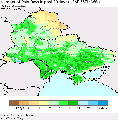 Ukraine, Moldova and Belarus Number of Rain Days in past 30 days (USAF 557th WW) 07/10/2021 Thematic Map For 7/6/2021 - 7/10/2021