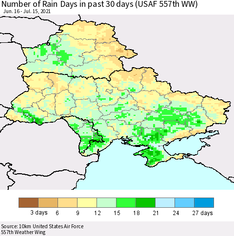 Ukraine, Moldova and Belarus Number of Rain Days in past 30 days (USAF 557th WW) 07/15/2021 Thematic Map For 7/11/2021 - 7/15/2021
