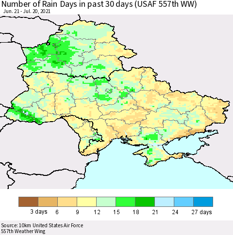 Ukraine, Moldova and Belarus Number of Rain Days in past 30 days (USAF 557th WW) 07/20/2021 Thematic Map For 7/16/2021 - 7/20/2021