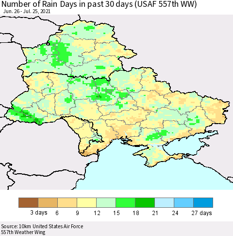 Ukraine, Moldova and Belarus Number of Rain Days in past 30 days (USAF 557th WW) 07/25/2021 Thematic Map For 7/21/2021 - 7/25/2021