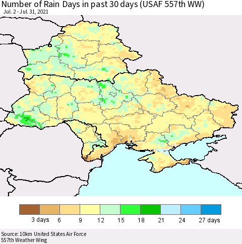 Ukraine, Moldova and Belarus Number of Rain Days in past 30 days (USAF 557th WW) 07/31/2021 Thematic Map For 7/26/2021 - 7/31/2021