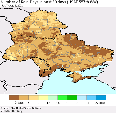 Ukraine, Moldova and Belarus Number of Rain Days in past 30 days (USAF 557th WW) 08/05/2021 Thematic Map For 8/1/2021 - 8/5/2021