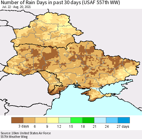 Ukraine, Moldova and Belarus Number of Rain Days in past 30 days (USAF 557th WW) 08/20/2021 Thematic Map For 8/16/2021 - 8/20/2021