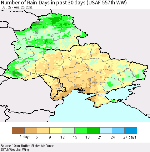 Ukraine, Moldova and Belarus Number of Rain Days in past 30 days (USAF 557th WW) 08/25/2021 Thematic Map For 8/21/2021 - 8/25/2021