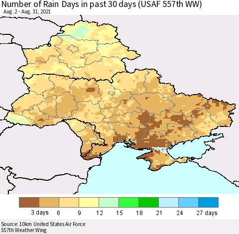 Ukraine, Moldova and Belarus Number of Rain Days in past 30 days (USAF 557th WW) 08/31/2021 Thematic Map For 8/26/2021 - 8/31/2021