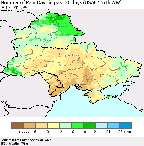 Ukraine, Moldova and Belarus Number of Rain Days in past 30 days (USAF 557th WW) 09/05/2021 Thematic Map For 9/1/2021 - 9/5/2021