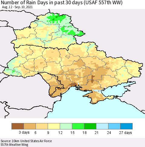 Ukraine, Moldova and Belarus Number of Rain Days in past 30 days (USAF 557th WW) 09/10/2021 Thematic Map For 9/6/2021 - 9/10/2021