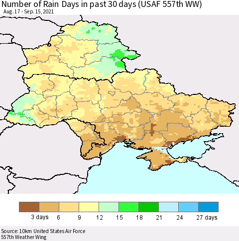 Ukraine, Moldova and Belarus Number of Rain Days in past 30 days (USAF 557th WW) 09/15/2021 Thematic Map For 9/11/2021 - 9/15/2021
