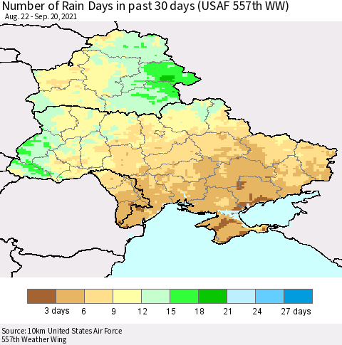 Ukraine, Moldova and Belarus Number of Rain Days in past 30 days (USAF 557th WW) 09/20/2021 Thematic Map For 9/16/2021 - 9/20/2021