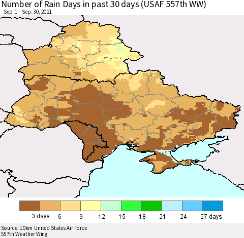 Ukraine, Moldova and Belarus Number of Rain Days in past 30 days (USAF 557th WW) 09/30/2021 Thematic Map For 9/26/2021 - 9/30/2021